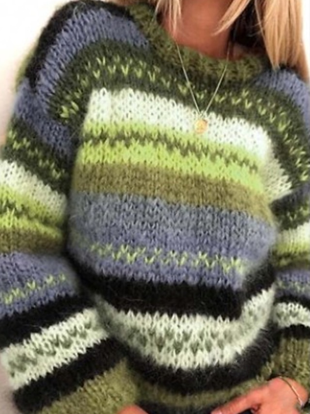 Chunky Knit Crew Neck Oversized Stripe Pullover Sweater for Casual Fall and Winter Wear